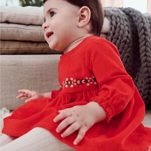 Hanna Andersson Red Corduroy  Dress with Floral Embroidery